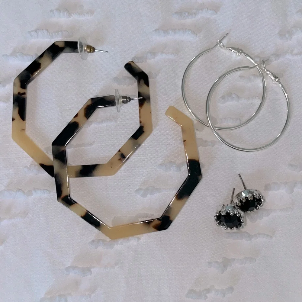Earring Bundle (3 pairs) - silver, black, tortoise tone